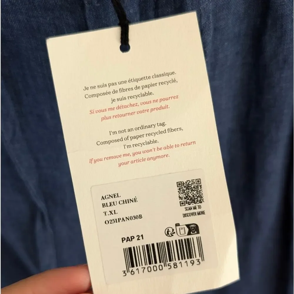 NWT Octobre Agnel Mottled Blue Chino Linen High Rise Trouser Pants, Size XL